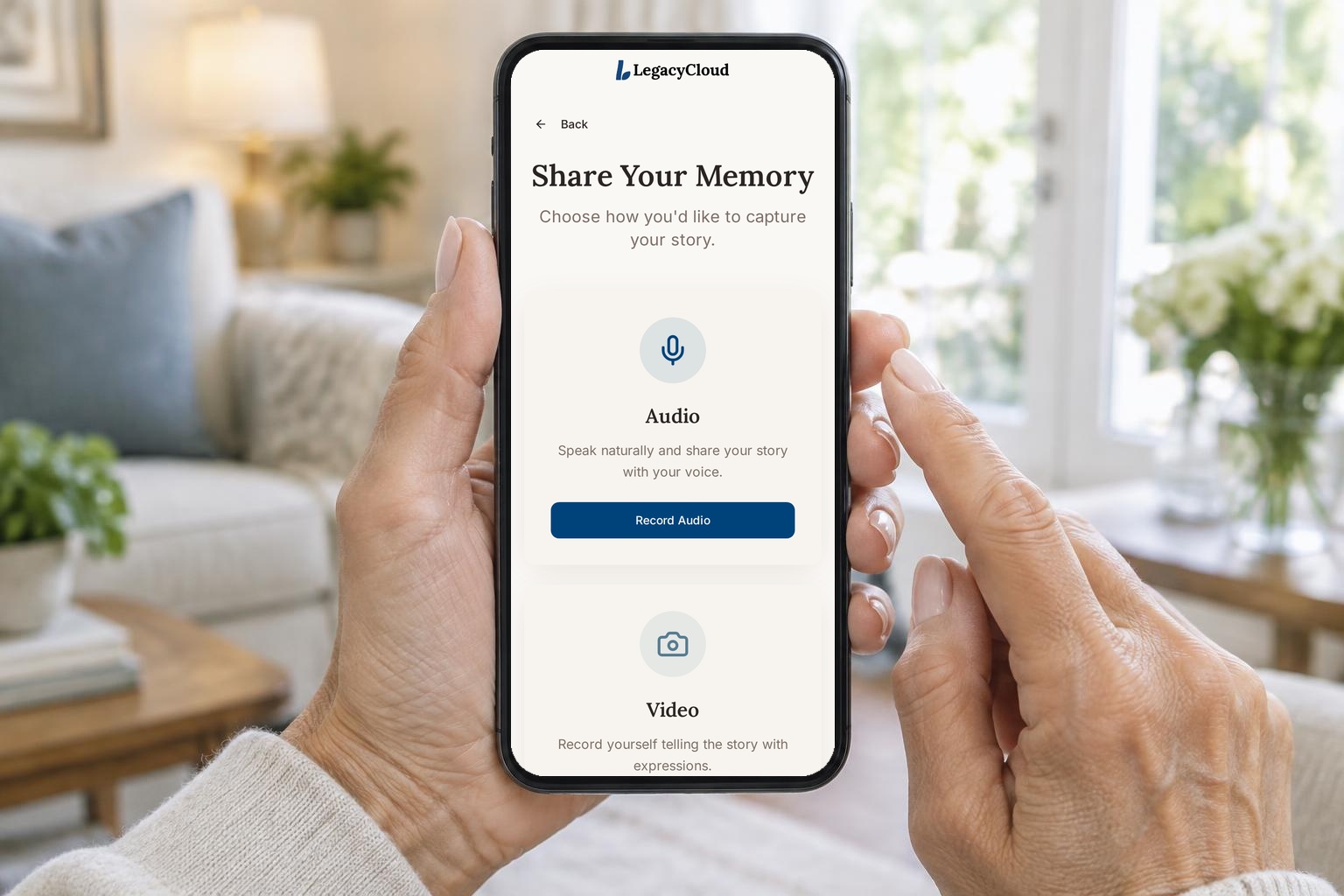 Grandmother recording a story for LegacyCloud on her phone